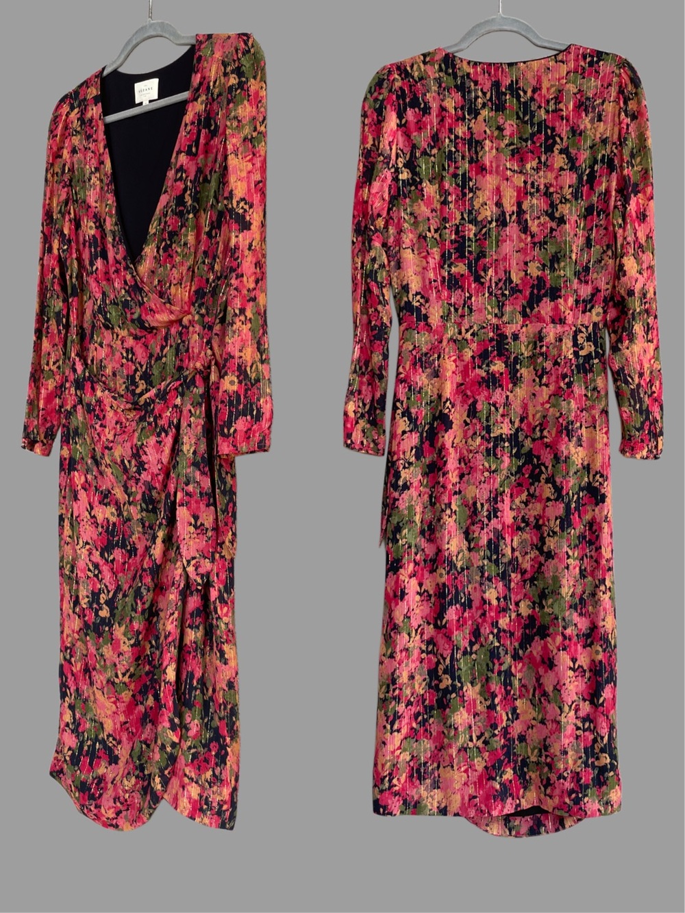 SEZANE Metallic Pink Floral Printed Long Sleeve V Neck Armonie Silk Wrap Dress - Picture 3 of 14
